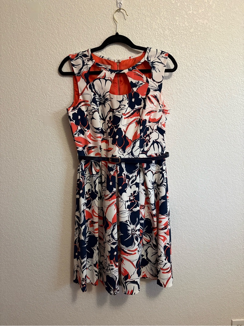 Dress Barn Darby Dress Floral Fit-and-Flare Dress in White, Navy & Coral